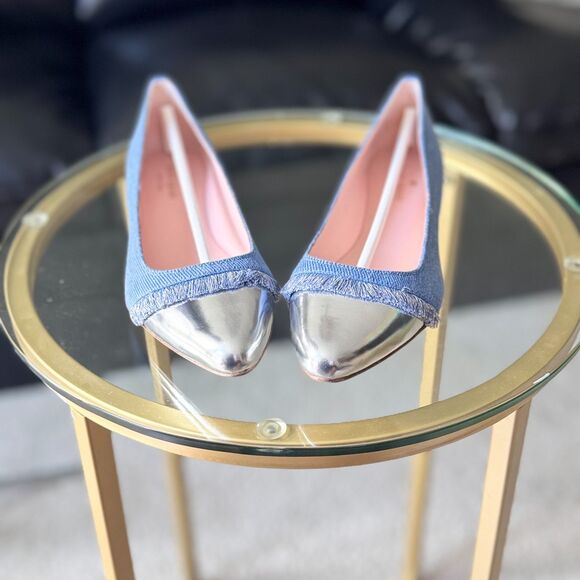 Kate Spade Women’s Size 8.5M Denim Fringe Flats Silver Cap Toe Vero Cuoio NIB - Picture 7 of 8